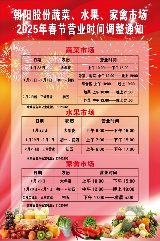 朝陽(yáng)股份蔬菜、水果、家禽市場(chǎng)2025年春節(jié)營(yíng)業(yè)時(shí)間調(diào)整通知